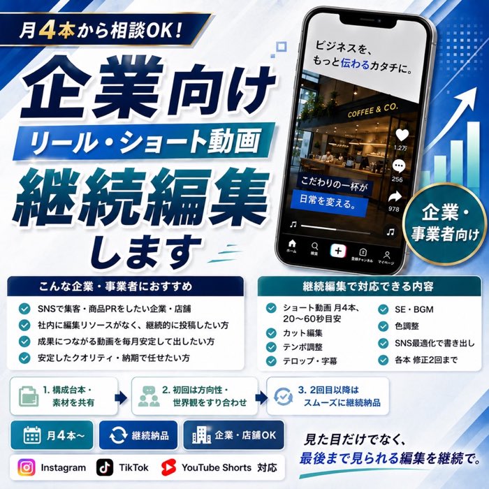 企業向け
リール・ショート動画継続編集